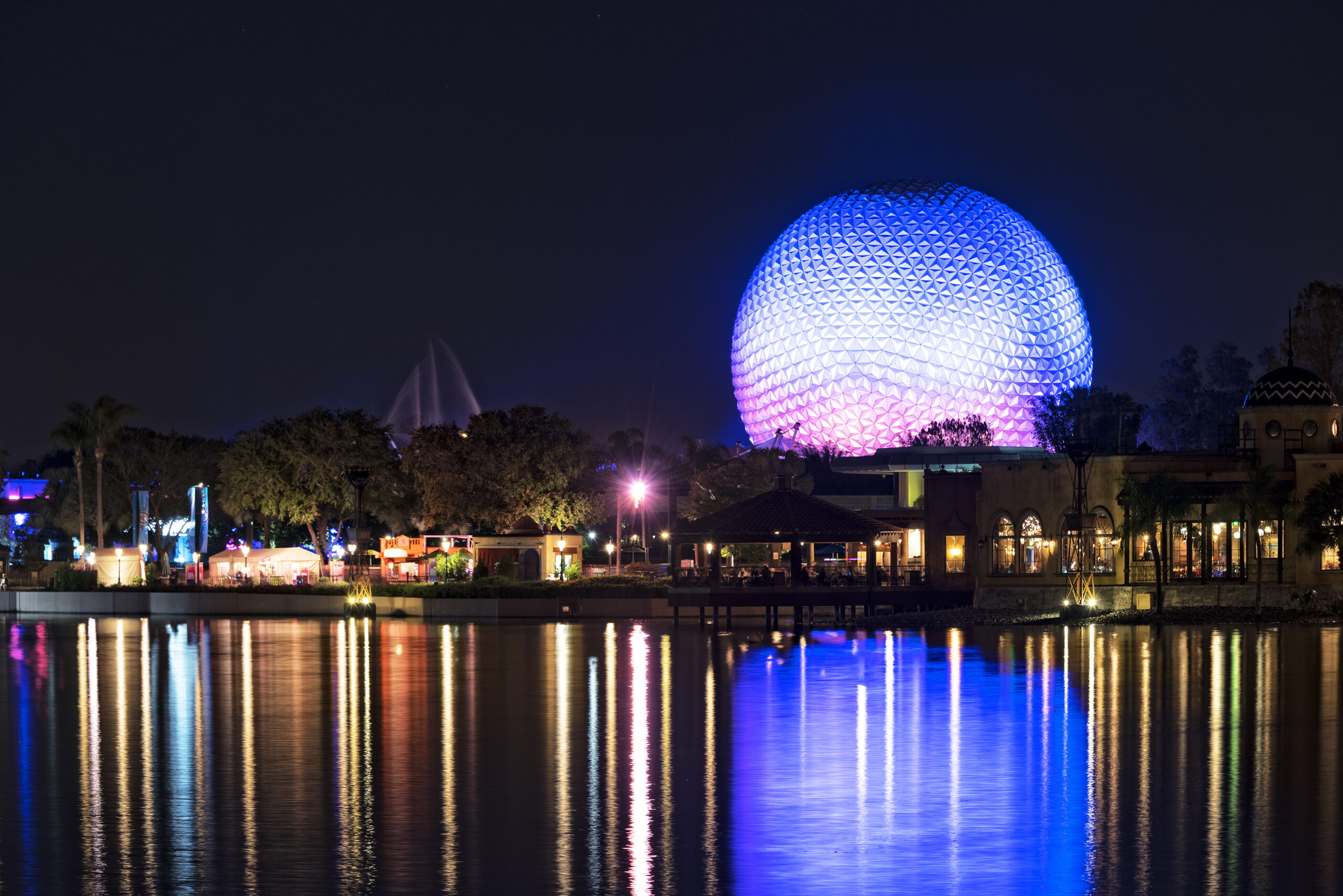 Orlando FL USA January 30 2017 The Spaceship Earth Sphere at Epcot Center Illuminated At Night in Walt Disney World in Orlando Florida