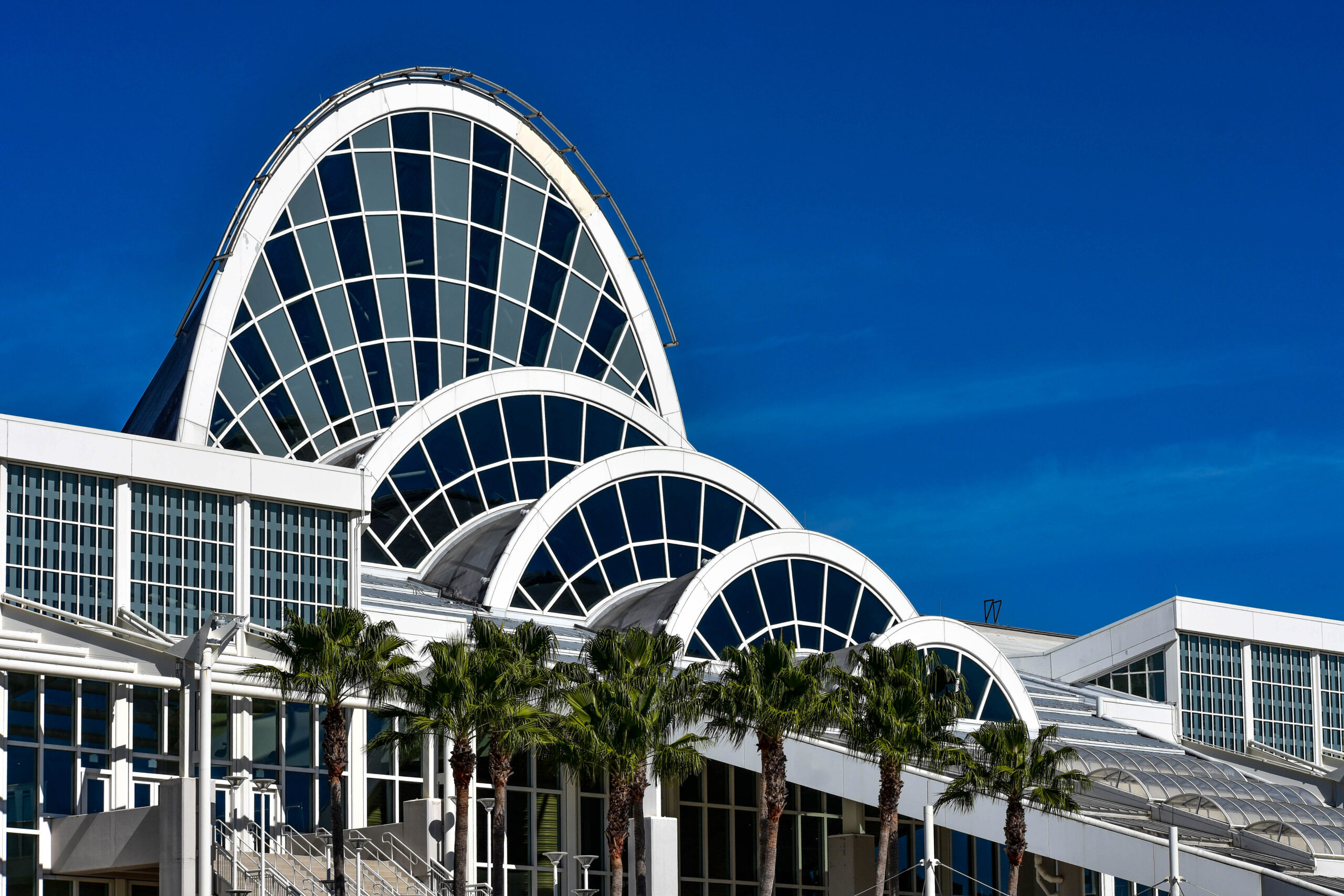 Orlando, Florida. January 12, 2019  Top view of Convention Center on blue sky background at International Drive area (2)